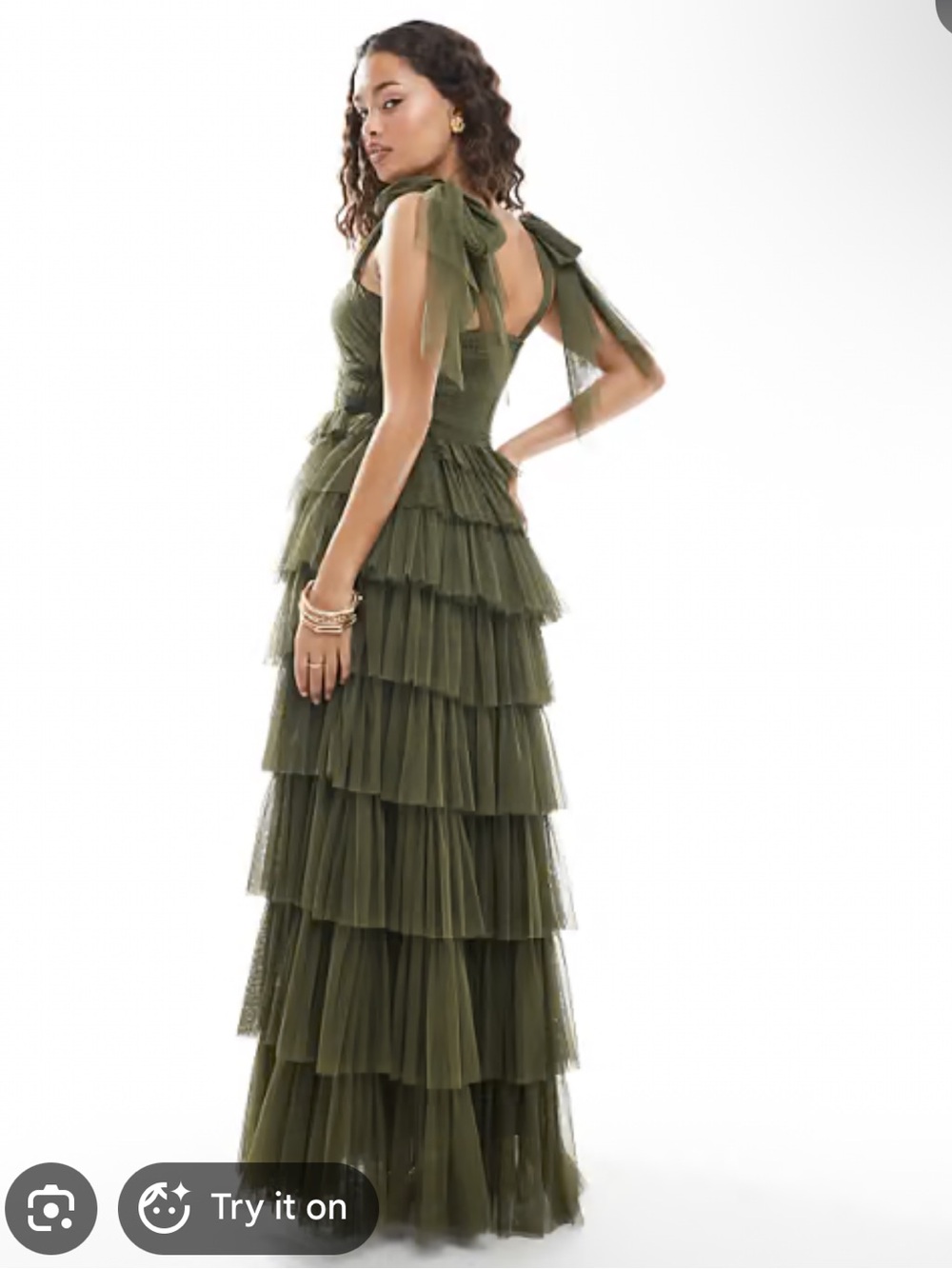 NWT ASOS Curve x Lace and Beads Olive Green Tiered Tulle Maxi Dress - Picture 2 of 8